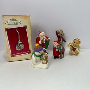 VTG Lot 6 1980s + Hallmark Ornaments Deer Godchild Angel Bear Cup Santa Reindeer